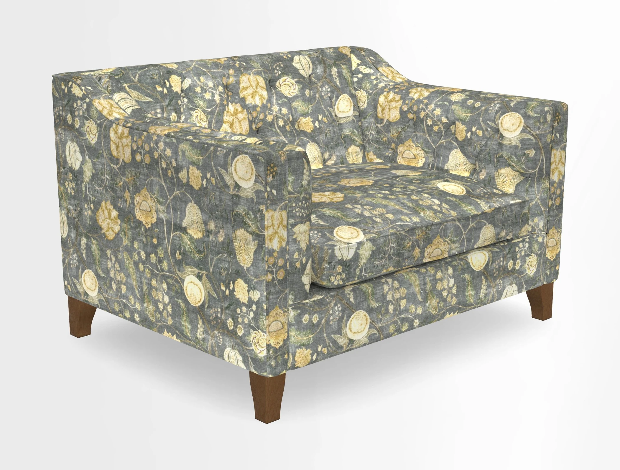 Haresfield Snuggler Dipped Arms in Mohair Lichen Seat Cushion in RHS Gertrude Jekyll Meadow Flower Olive and Scatters in RHS Gertrude Jekyll Folklore Olive