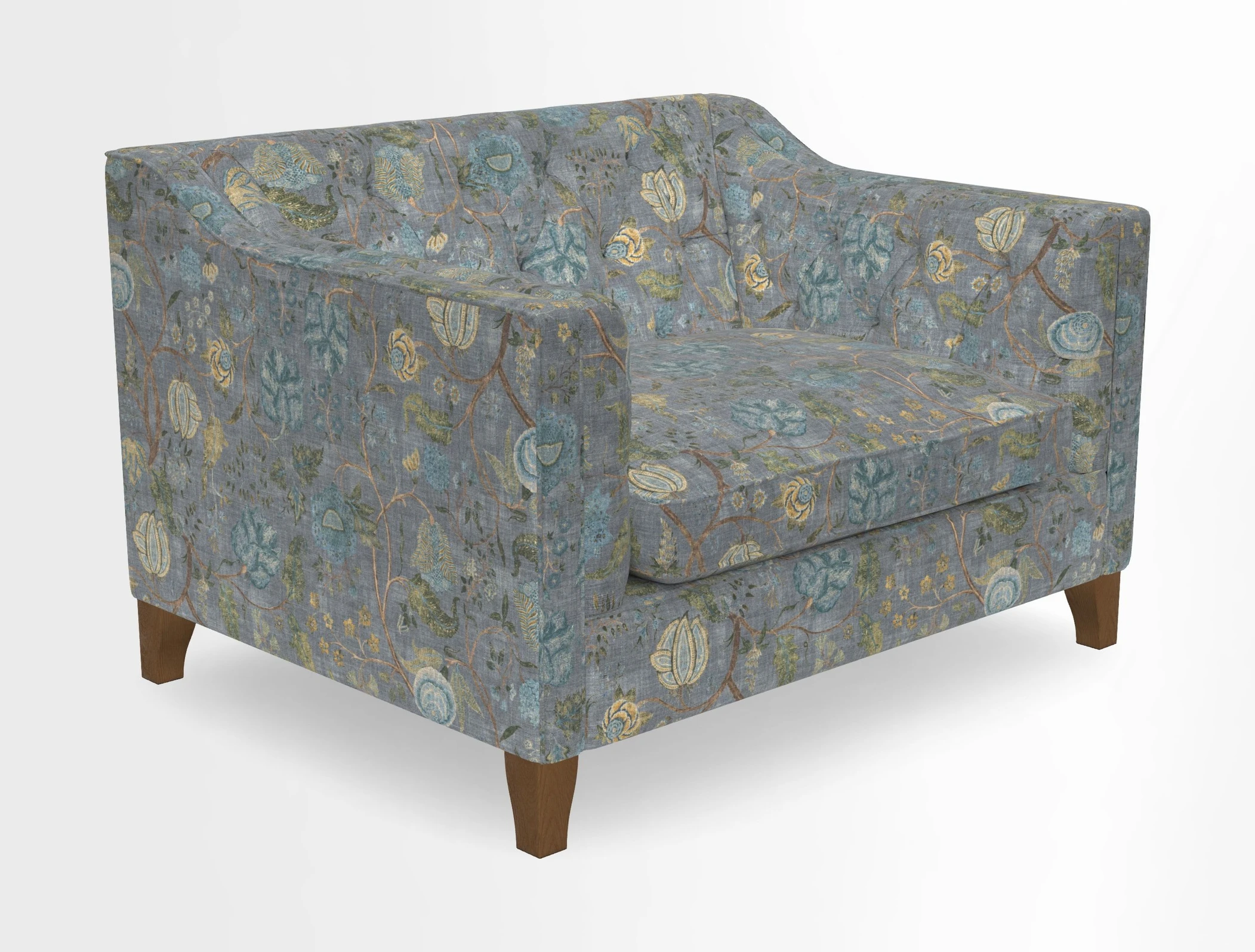 Haresfield Snuggler Dipped Arms in Mohair Lichen Seat Cushion in RHS Gertrude Jekyll Meadow Flower Olive and Scatters in RHS Gertrude Jekyll Folklore Olive