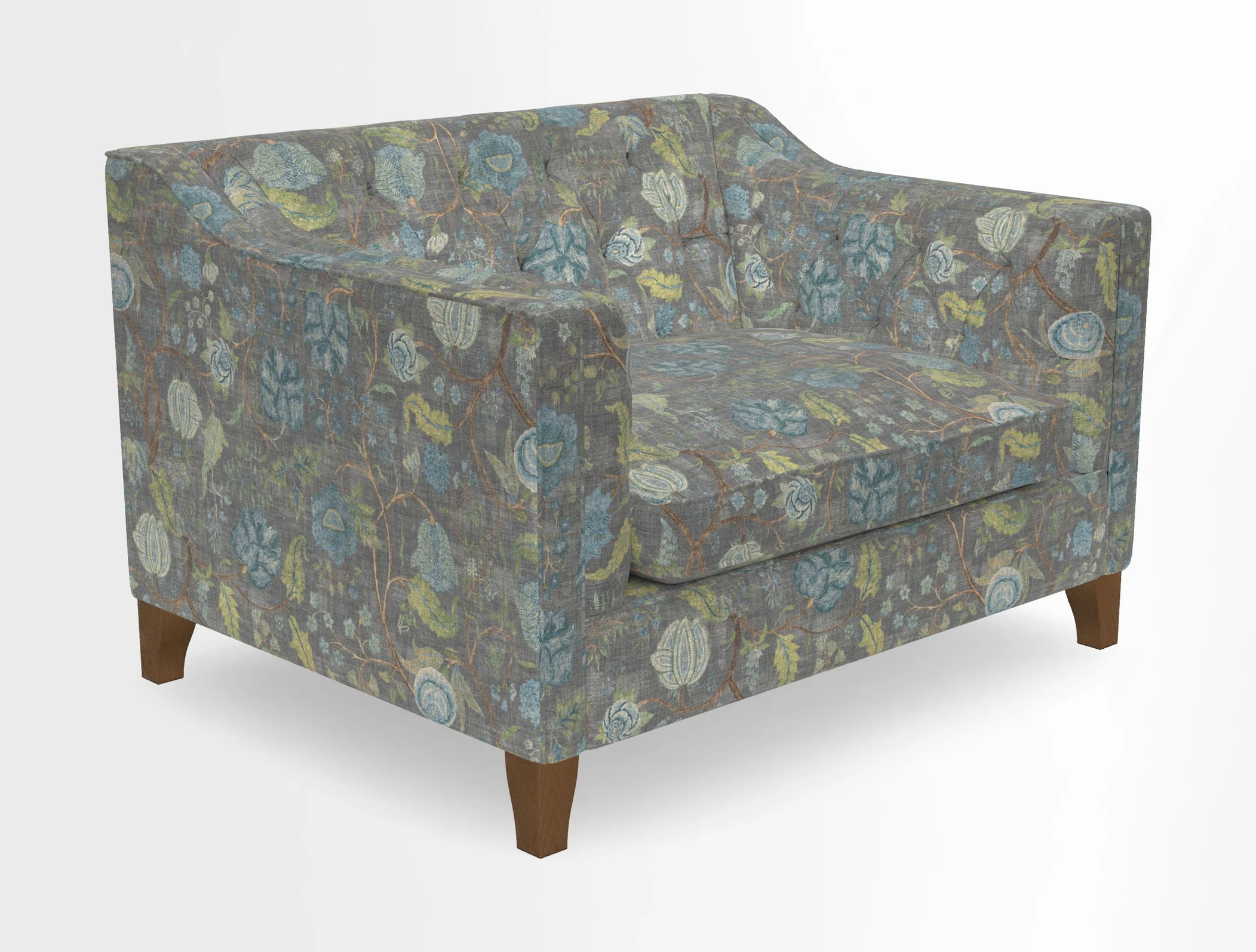 Haresfield Snuggler Dipped Arms in Mohair Lichen Seat Cushion in RHS Gertrude Jekyll Meadow Flower Olive and Scatters in RHS Gertrude Jekyll Folklore Olive