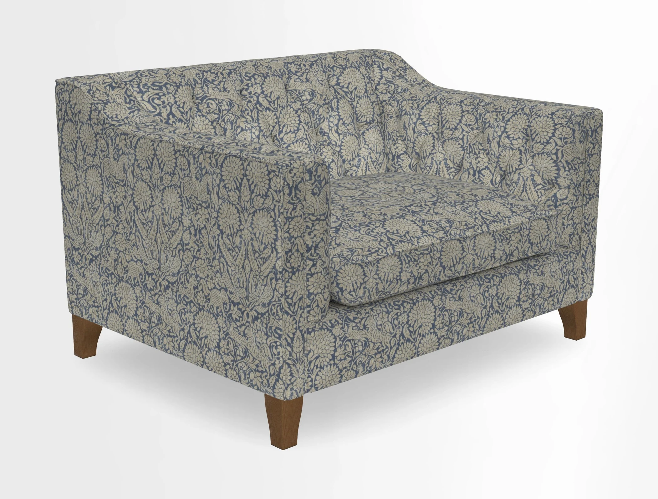 Haresfield Snuggler Dipped Arms in Mohair Lichen Seat Cushion in RHS Gertrude Jekyll Meadow Flower Olive and Scatters in RHS Gertrude Jekyll Folklore Olive