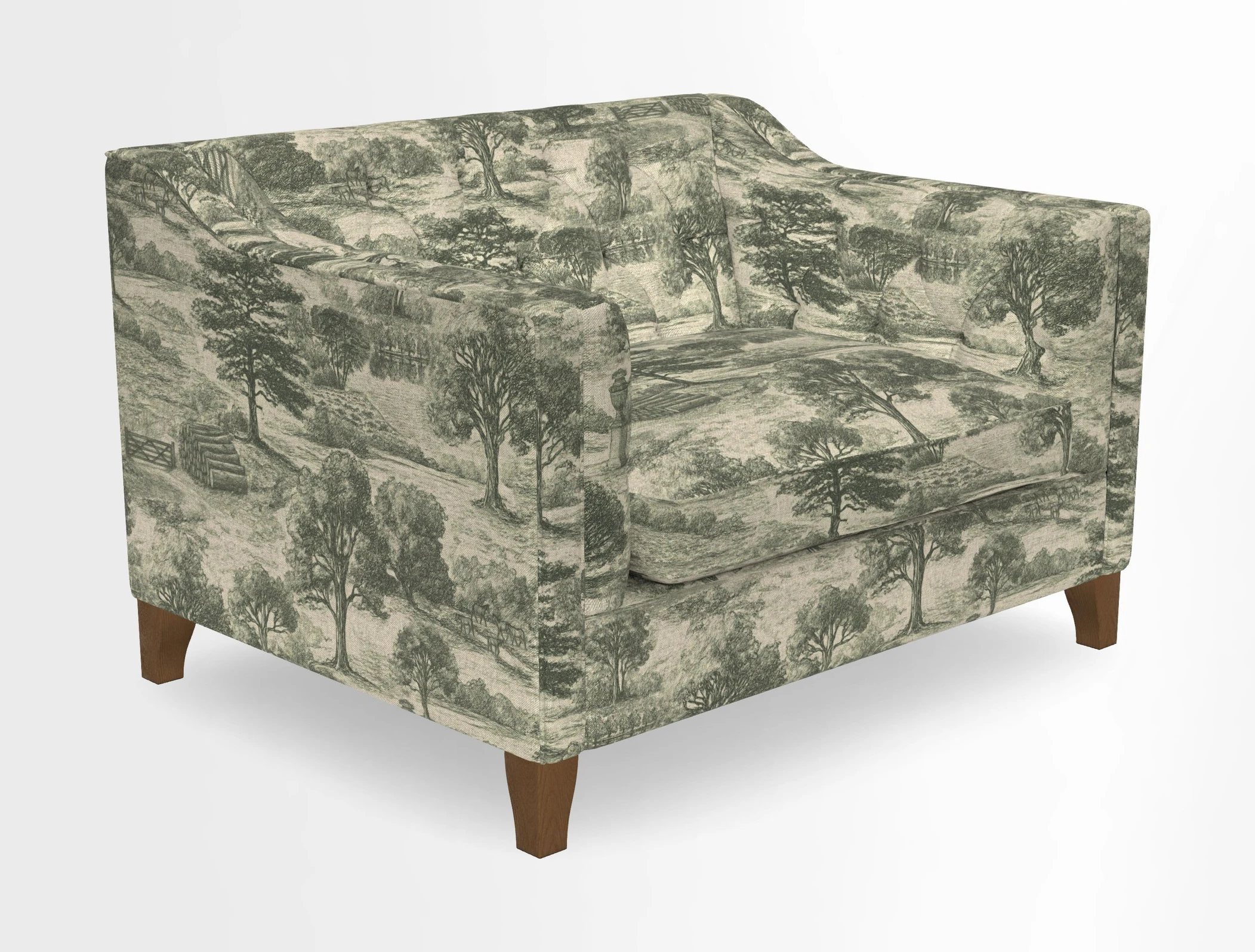 Haresfield Snuggler Dipped Arms in Mohair Lichen Seat Cushion in RHS Gertrude Jekyll Meadow Flower Olive and Scatters in RHS Gertrude Jekyll Folklore Olive