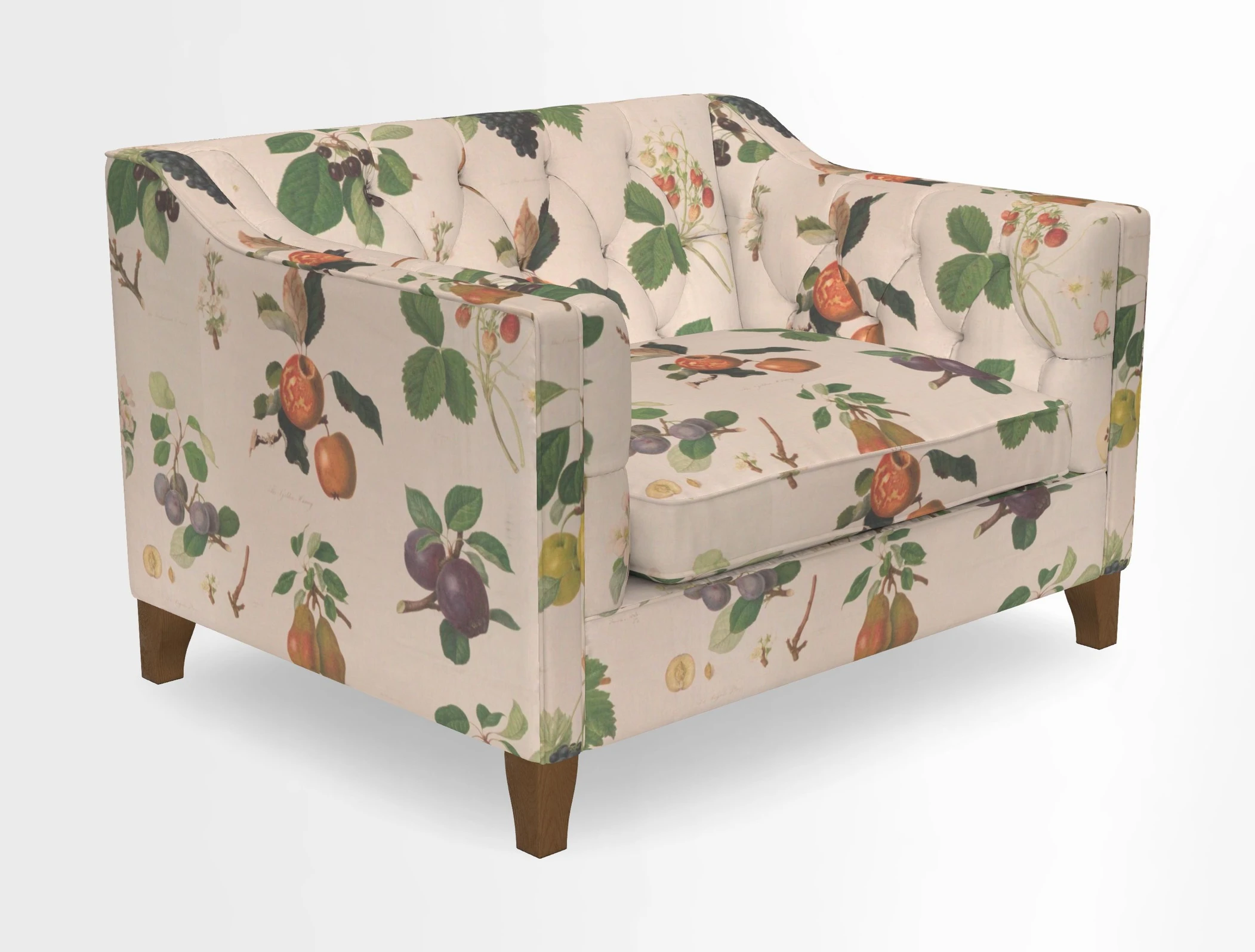 Haresfield Snuggler Dipped Arms in Mohair Lichen Seat Cushion in RHS Gertrude Jekyll Meadow Flower Olive and Scatters in RHS Gertrude Jekyll Folklore Olive