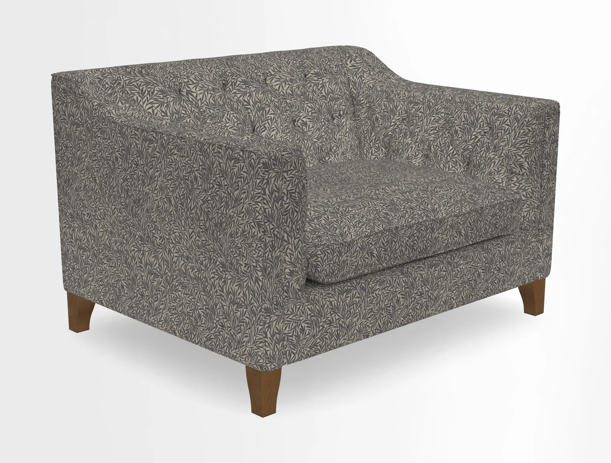 Haresfield Snuggler Dipped Arms in Mohair Lichen Seat Cushion in RHS Gertrude Jekyll Meadow Flower Olive and Scatters in RHS Gertrude Jekyll Folklore Olive