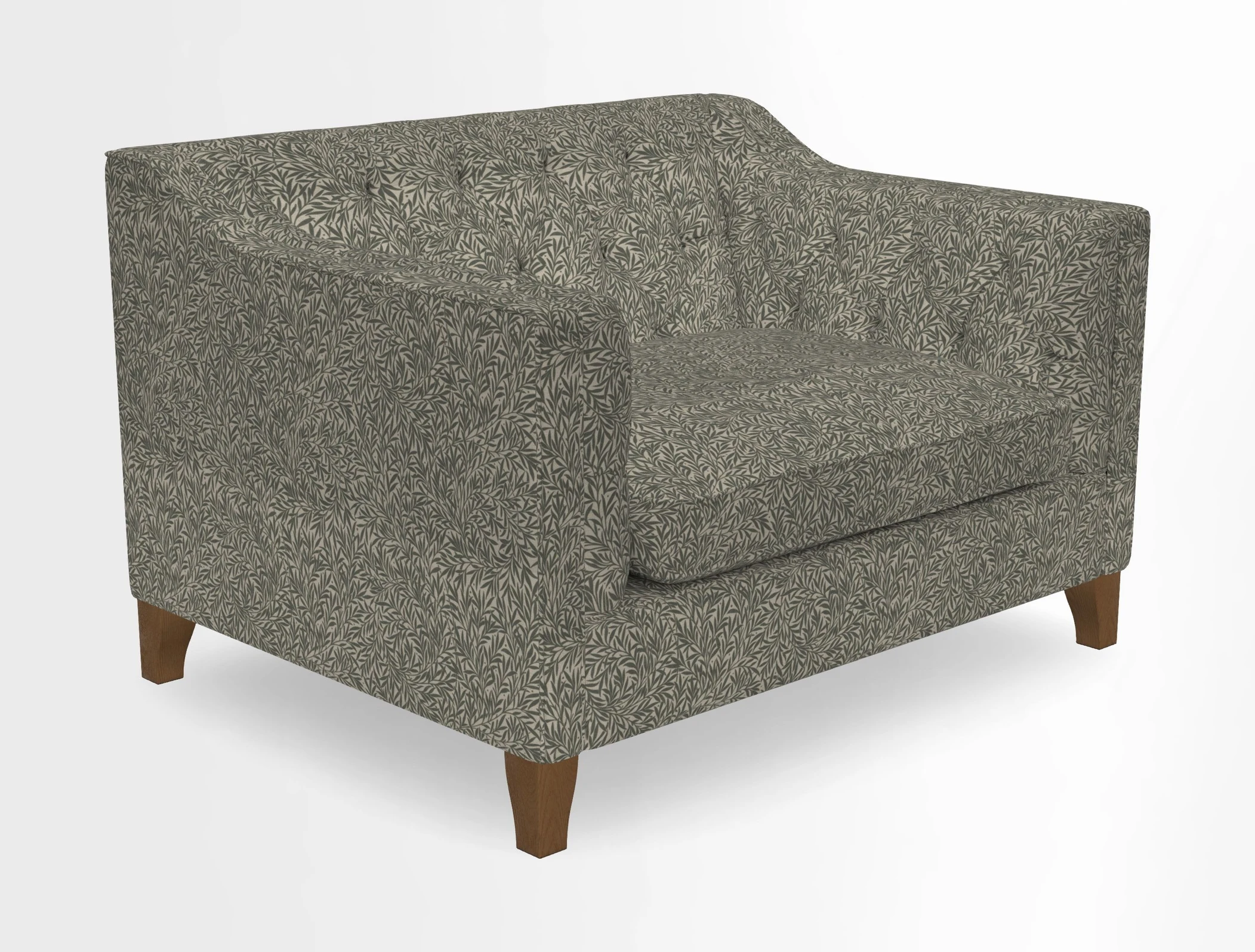Haresfield Snuggler Dipped Arms in Mohair Lichen Seat Cushion in RHS Gertrude Jekyll Meadow Flower Olive and Scatters in RHS Gertrude Jekyll Folklore Olive