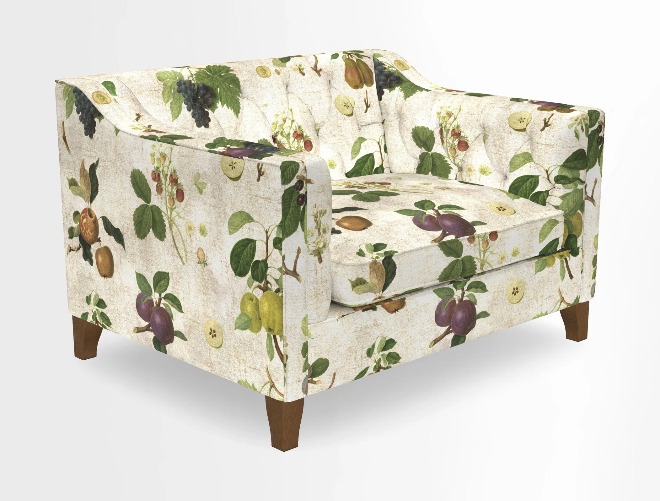 Haresfield Snuggler Dipped Arms in Mohair Lichen Seat Cushion in RHS Gertrude Jekyll Meadow Flower Olive and Scatters in RHS Gertrude Jekyll Folklore Olive