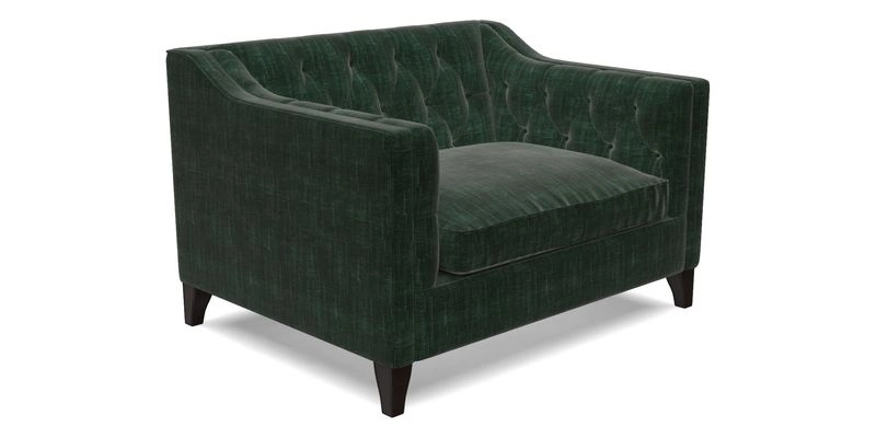 Haresfield Snuggler Dipped Arms in Mohair Lichen Seat Cushion in RHS Gertrude Jekyll Meadow Flower Olive and Scatters in RHS Gertrude Jekyll Folklore Olive