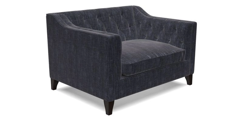 Haresfield Snuggler Dipped Arms in Mohair Lichen Seat Cushion in RHS Gertrude Jekyll Meadow Flower Olive and Scatters in RHS Gertrude Jekyll Folklore Olive