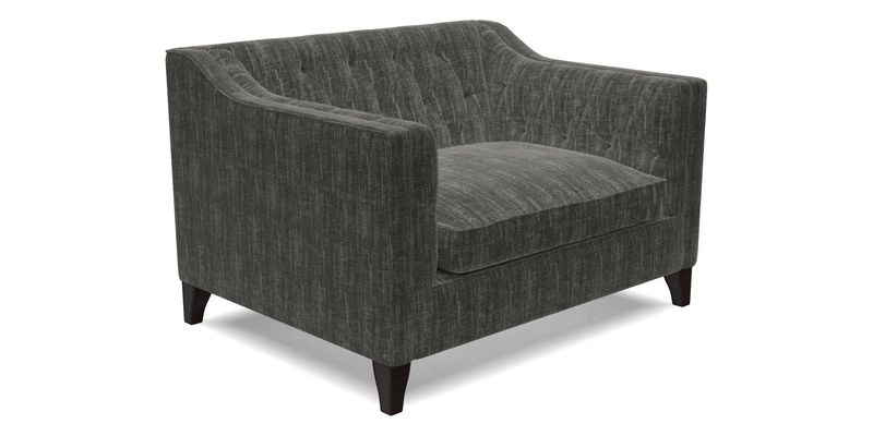 Haresfield Snuggler Dipped Arms in Mohair Lichen Seat Cushion in RHS Gertrude Jekyll Meadow Flower Olive and Scatters in RHS Gertrude Jekyll Folklore Olive