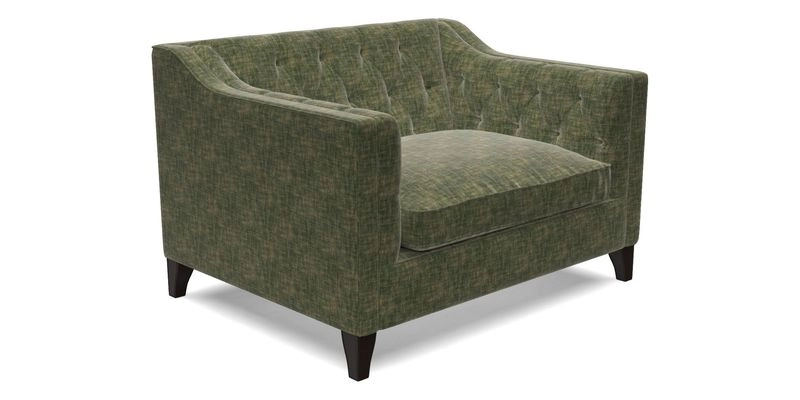 Haresfield Snuggler Dipped Arms in Mohair Lichen Seat Cushion in RHS Gertrude Jekyll Meadow Flower Olive and Scatters in RHS Gertrude Jekyll Folklore Olive