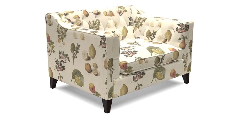 Haresfield Snuggler Dipped Arms in Mohair Lichen Seat Cushion in RHS Gertrude Jekyll Meadow Flower Olive and Scatters in RHS Gertrude Jekyll Folklore Olive