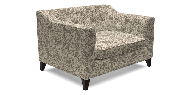 Haresfield Snuggler Dipped Arms in Mohair Lichen Seat Cushion in RHS Gertrude Jekyll Meadow Flower Olive and Scatters in RHS Gertrude Jekyll Folklore Olive