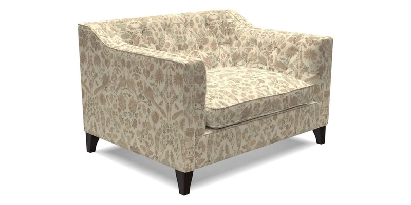 Haresfield Snuggler Dipped Arms in Mohair Lichen Seat Cushion in RHS Gertrude Jekyll Meadow Flower Olive and Scatters in RHS Gertrude Jekyll Folklore Olive