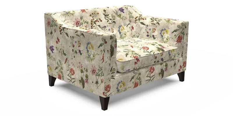 Haresfield Snuggler Dipped Arms in Mohair Lichen Seat Cushion in RHS Gertrude Jekyll Meadow Flower Olive and Scatters in RHS Gertrude Jekyll Folklore Olive