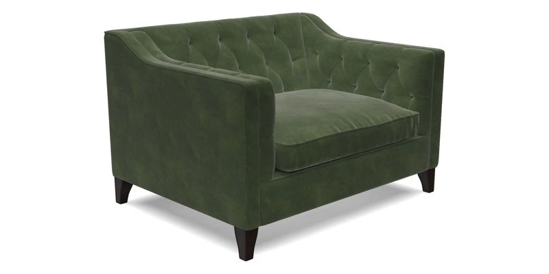 Haresfield Snuggler Dipped Arms in Mohair Lichen Seat Cushion in RHS Gertrude Jekyll Meadow Flower Olive and Scatters in RHS Gertrude Jekyll Folklore Olive