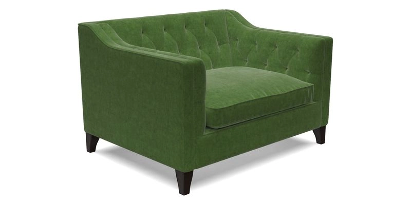 Haresfield Snuggler Dipped Arms in Mohair Lichen Seat Cushion in RHS Gertrude Jekyll Meadow Flower Olive and Scatters in RHS Gertrude Jekyll Folklore Olive