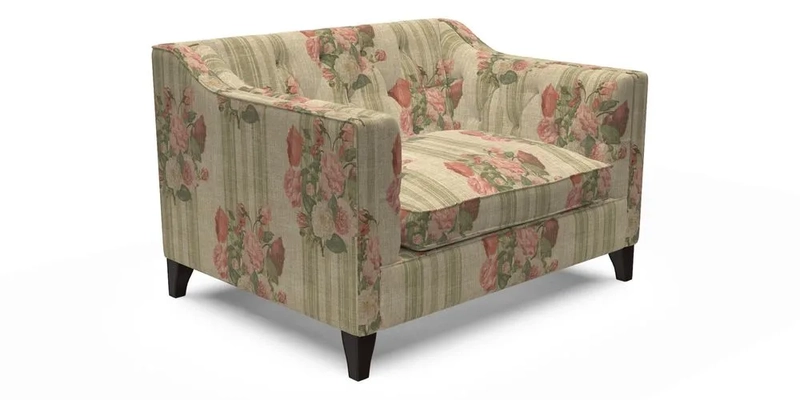 Haresfield Snuggler Dipped Arms in Mohair Lichen Seat Cushion in RHS Gertrude Jekyll Meadow Flower Olive and Scatters in RHS Gertrude Jekyll Folklore Olive