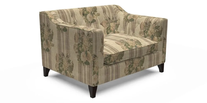 Haresfield Snuggler Dipped Arms in Mohair Lichen Seat Cushion in RHS Gertrude Jekyll Meadow Flower Olive and Scatters in RHS Gertrude Jekyll Folklore Olive