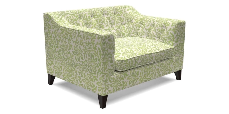 Haresfield Snuggler Dipped Arms in Mohair Lichen Seat Cushion in RHS Gertrude Jekyll Meadow Flower Olive and Scatters in RHS Gertrude Jekyll Folklore Olive