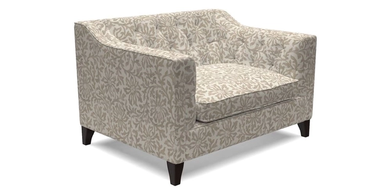 Haresfield Snuggler Dipped Arms in Mohair Lichen Seat Cushion in RHS Gertrude Jekyll Meadow Flower Olive and Scatters in RHS Gertrude Jekyll Folklore Olive