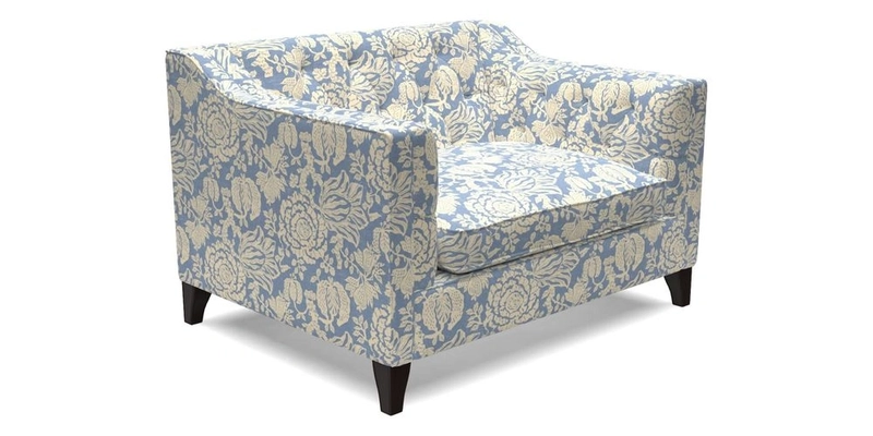 Haresfield Snuggler Dipped Arms in Mohair Lichen Seat Cushion in RHS Gertrude Jekyll Meadow Flower Olive and Scatters in RHS Gertrude Jekyll Folklore Olive