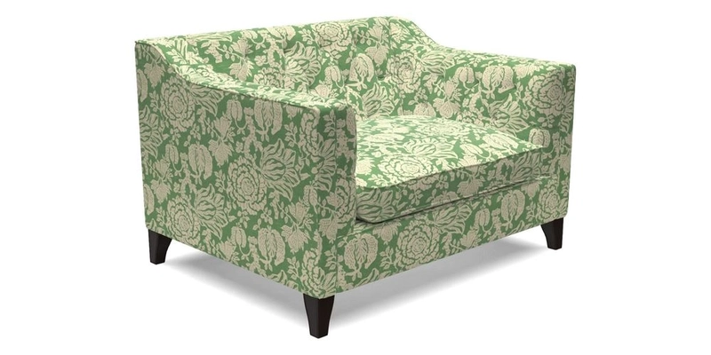 Haresfield Snuggler Dipped Arms in Mohair Lichen Seat Cushion in RHS Gertrude Jekyll Meadow Flower Olive and Scatters in RHS Gertrude Jekyll Folklore Olive