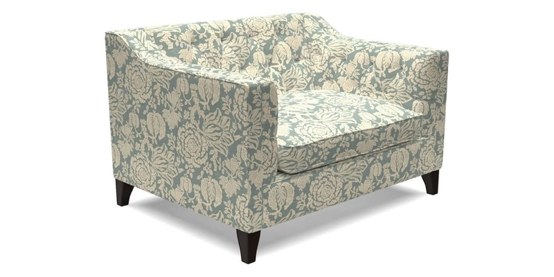 Haresfield Snuggler Dipped Arms in Mohair Lichen Seat Cushion in RHS Gertrude Jekyll Meadow Flower Olive and Scatters in RHS Gertrude Jekyll Folklore Olive