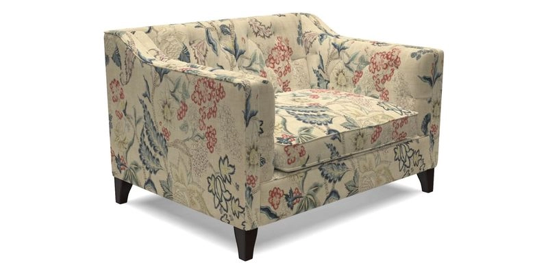 Haresfield Snuggler Dipped Arms in Mohair Lichen Seat Cushion in RHS Gertrude Jekyll Meadow Flower Olive and Scatters in RHS Gertrude Jekyll Folklore Olive