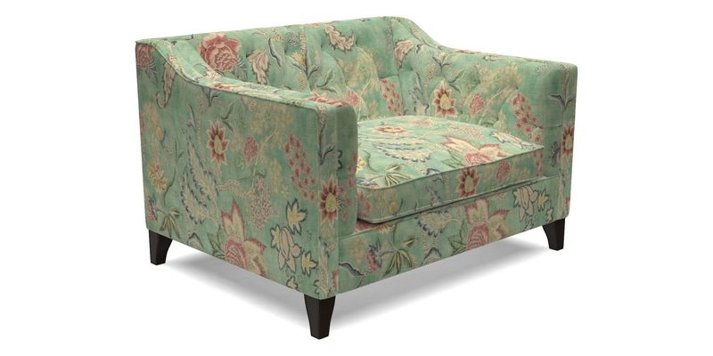 Haresfield Snuggler Dipped Arms in Mohair Lichen Seat Cushion in RHS Gertrude Jekyll Meadow Flower Olive and Scatters in RHS Gertrude Jekyll Folklore Olive