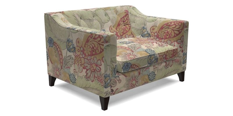 Haresfield Snuggler Dipped Arms in Mohair Lichen Seat Cushion in RHS Gertrude Jekyll Meadow Flower Olive and Scatters in RHS Gertrude Jekyll Folklore Olive