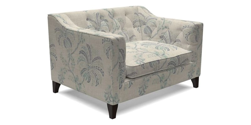 Haresfield Snuggler Dipped Arms in Mohair Lichen Seat Cushion in RHS Gertrude Jekyll Meadow Flower Olive and Scatters in RHS Gertrude Jekyll Folklore Olive