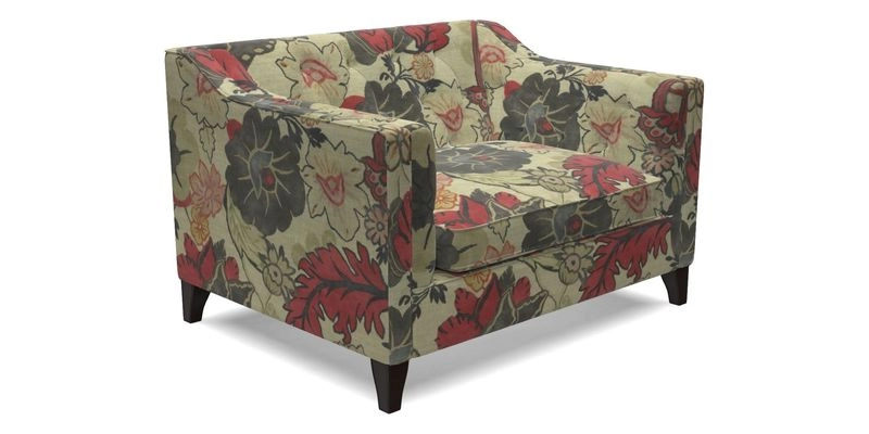 Haresfield Snuggler Dipped Arms in Mohair Lichen Seat Cushion in RHS Gertrude Jekyll Meadow Flower Olive and Scatters in RHS Gertrude Jekyll Folklore Olive