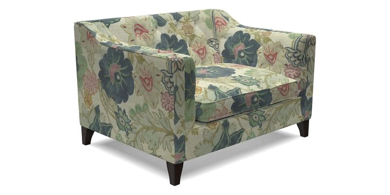 Haresfield Snuggler Dipped Arms in Mohair Lichen Seat Cushion in RHS Gertrude Jekyll Meadow Flower Olive and Scatters in RHS Gertrude Jekyll Folklore Olive