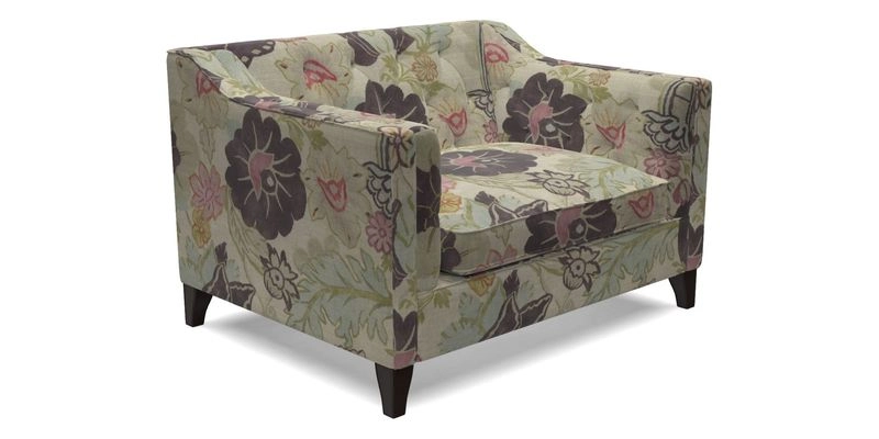 Haresfield Snuggler Dipped Arms in Mohair Lichen Seat Cushion in RHS Gertrude Jekyll Meadow Flower Olive and Scatters in RHS Gertrude Jekyll Folklore Olive