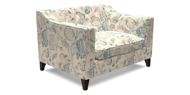 Haresfield Snuggler Dipped Arms in Mohair Lichen Seat Cushion in RHS Gertrude Jekyll Meadow Flower Olive and Scatters in RHS Gertrude Jekyll Folklore Olive