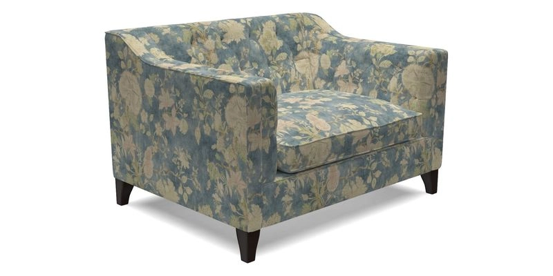 Haresfield Snuggler Dipped Arms in Mohair Lichen Seat Cushion in RHS Gertrude Jekyll Meadow Flower Olive and Scatters in RHS Gertrude Jekyll Folklore Olive