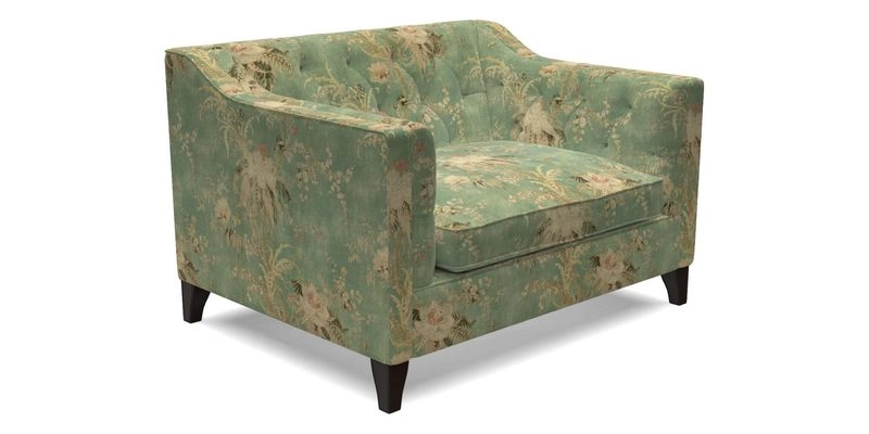 Haresfield Snuggler Dipped Arms in Mohair Lichen Seat Cushion in RHS Gertrude Jekyll Meadow Flower Olive and Scatters in RHS Gertrude Jekyll Folklore Olive