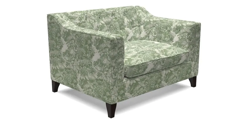 Haresfield Snuggler Dipped Arms in Mohair Lichen Seat Cushion in RHS Gertrude Jekyll Meadow Flower Olive and Scatters in RHS Gertrude Jekyll Folklore Olive