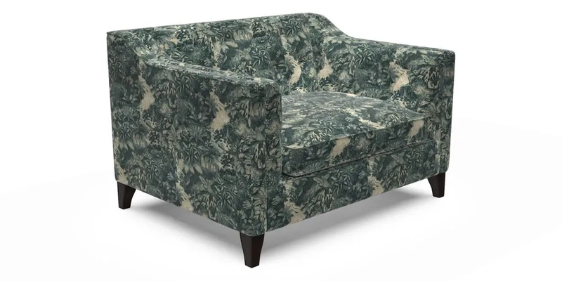 Haresfield Snuggler Dipped Arms in Mohair Lichen Seat Cushion in RHS Gertrude Jekyll Meadow Flower Olive and Scatters in RHS Gertrude Jekyll Folklore Olive