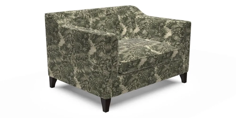 Haresfield Snuggler Dipped Arms in Mohair Lichen Seat Cushion in RHS Gertrude Jekyll Meadow Flower Olive and Scatters in RHS Gertrude Jekyll Folklore Olive