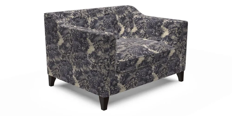 Haresfield Snuggler Dipped Arms in Mohair Lichen Seat Cushion in RHS Gertrude Jekyll Meadow Flower Olive and Scatters in RHS Gertrude Jekyll Folklore Olive