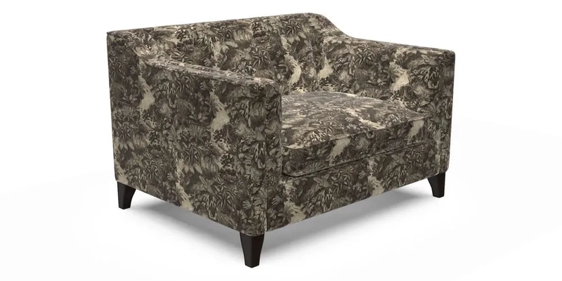 Haresfield Snuggler Dipped Arms in Mohair Lichen Seat Cushion in RHS Gertrude Jekyll Meadow Flower Olive and Scatters in RHS Gertrude Jekyll Folklore Olive