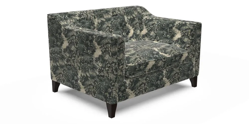 Haresfield Snuggler Dipped Arms in Mohair Lichen Seat Cushion in RHS Gertrude Jekyll Meadow Flower Olive and Scatters in RHS Gertrude Jekyll Folklore Olive