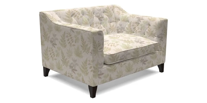 Haresfield Snuggler Dipped Arms in Mohair Lichen Seat Cushion in RHS Gertrude Jekyll Meadow Flower Olive and Scatters in RHS Gertrude Jekyll Folklore Olive