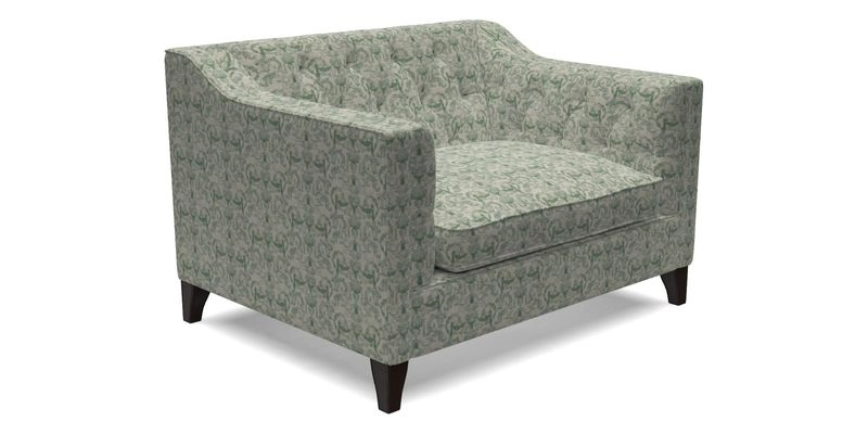 Haresfield Snuggler Dipped Arms in Mohair Lichen Seat Cushion in RHS Gertrude Jekyll Meadow Flower Olive and Scatters in RHS Gertrude Jekyll Folklore Olive