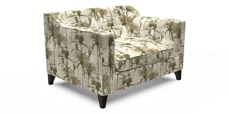 Haresfield Snuggler Dipped Arms in Mohair Lichen Seat Cushion in RHS Gertrude Jekyll Meadow Flower Olive and Scatters in RHS Gertrude Jekyll Folklore Olive
