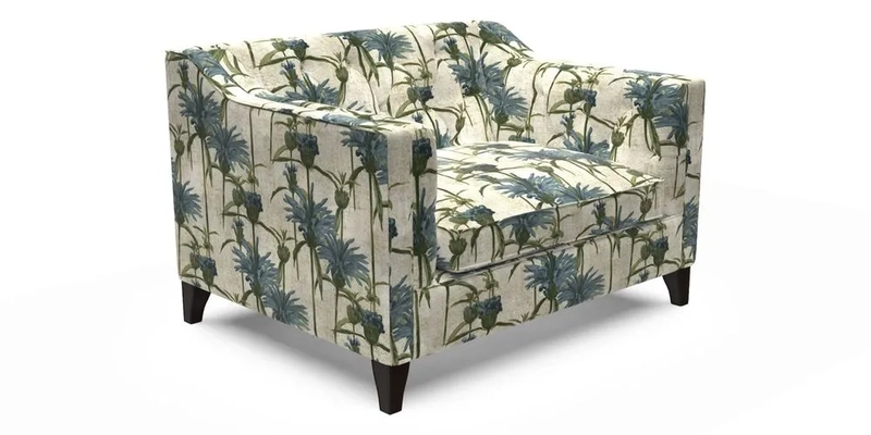 Haresfield Snuggler Dipped Arms in Mohair Lichen Seat Cushion in RHS Gertrude Jekyll Meadow Flower Olive and Scatters in RHS Gertrude Jekyll Folklore Olive