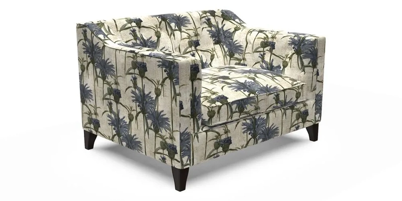 Haresfield Snuggler Dipped Arms in Mohair Lichen Seat Cushion in RHS Gertrude Jekyll Meadow Flower Olive and Scatters in RHS Gertrude Jekyll Folklore Olive