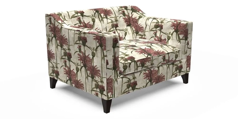 Haresfield Snuggler Dipped Arms in Mohair Lichen Seat Cushion in RHS Gertrude Jekyll Meadow Flower Olive and Scatters in RHS Gertrude Jekyll Folklore Olive