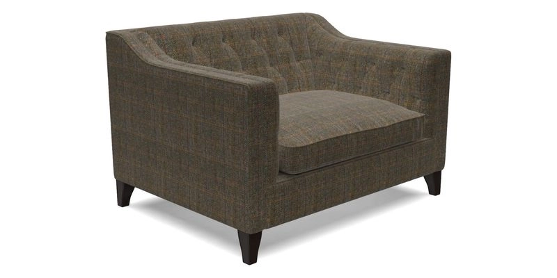 Haresfield Snuggler Dipped Arms in Mohair Lichen Seat Cushion in RHS Gertrude Jekyll Meadow Flower Olive and Scatters in RHS Gertrude Jekyll Folklore Olive