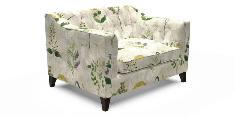 Haresfield Snuggler Dipped Arms in Mohair Lichen Seat Cushion in RHS Gertrude Jekyll Meadow Flower Olive and Scatters in RHS Gertrude Jekyll Folklore Olive